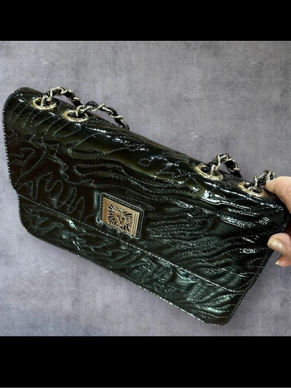 NEW Anne Klein Black patent Lion Lady Adjustable shoulder strap bag